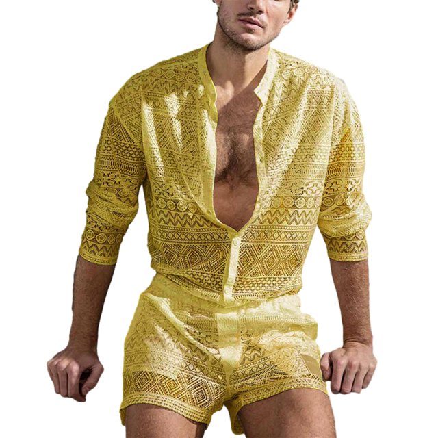 xiaxaixu Men's Summer 2 Piece Outfits Long Sleeve Hollow Out Button Down Shirt + Shorts Set Tropical Suits
