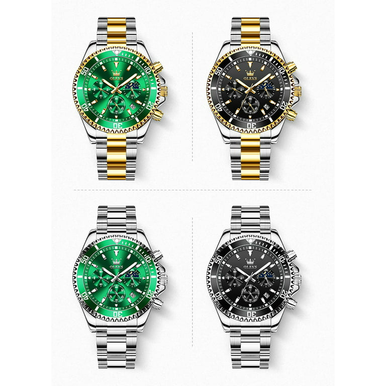 Olevs Mens Watches Chronograph Luxury Dress Moon Phase Quartz Stainless Steel Waterproof Luminous Business Calendar Wrist Watch Green Dial, Men's