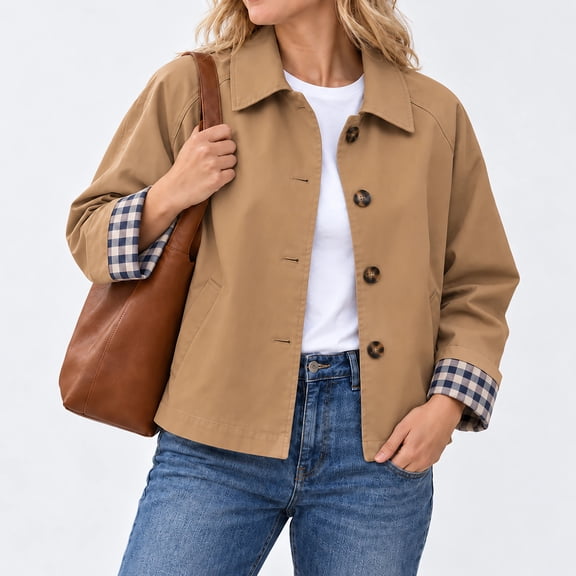otnbgsr Women's Short Trench Jacket 2026 Cropped Single Breasted Coat with Classic Collar Pockets Long Sleeves Lightweight Casual Outerwear