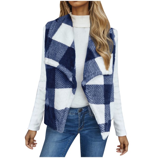 Manteaux d'Hiver Funicet pour Femmes, Cardigan pour Femmes, Cardigan Veste Sans Manches à Carreaux d'Hiver pour Femmes à devant Ouvert Style Teddy, Vestes pour Femmes, Manteaux d'Hiver pour Femmes