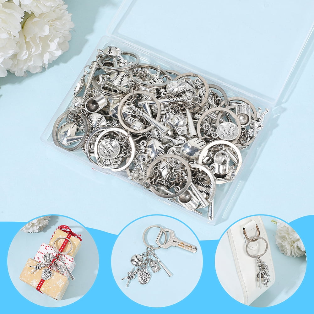 20Pcs Alloy Baseball Player & Baseball Bat & Hat Keychains with Iron Split Key Rings Silver 80mm