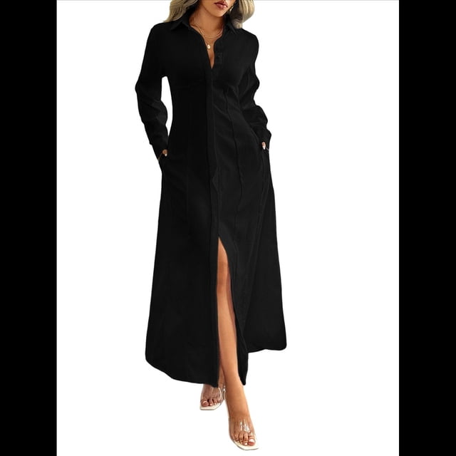 Vestidos Camiseros para Mujer, Casuales, de Larga, con Botones y Maxivestidos Negro M