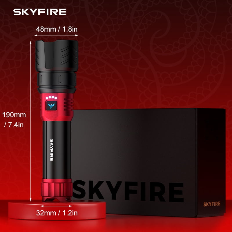 SKYFIRE 2026 upgraded version of the LED rechargeable flashlight, with a battery life of 17 hours and adjustable high lumen in 4 modes.
