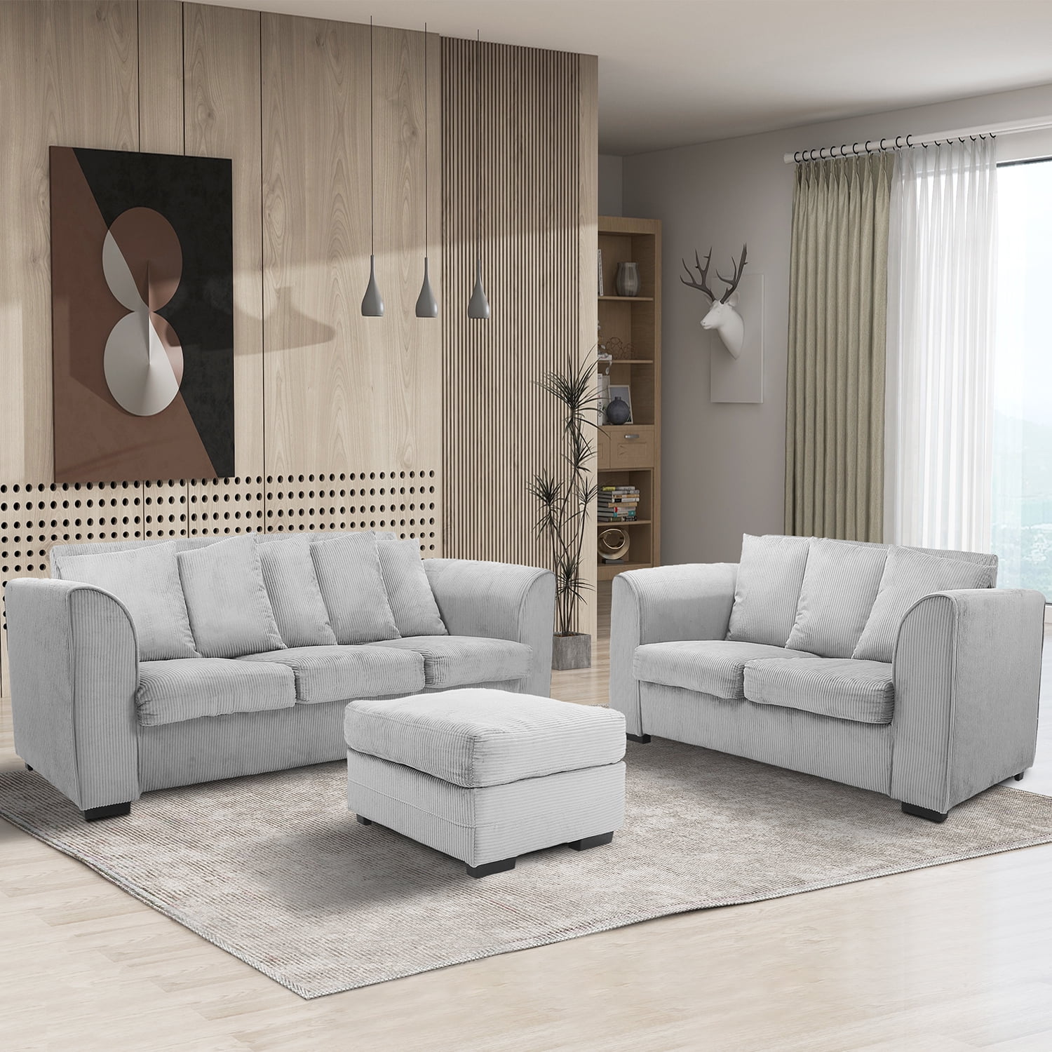 Kadyn 3pcs Living room set light grey, Convertible Sectional Sofa Set with Ottoman, Modern Fabric Sofa Furniture Set for Living Room, Light Grey Kadyn 3pcs Living room set light grey, Convertible Sectional Sofa Set with Ottoman, Modern Fabric Sofa Furniture Set for Living Room, Light Grey