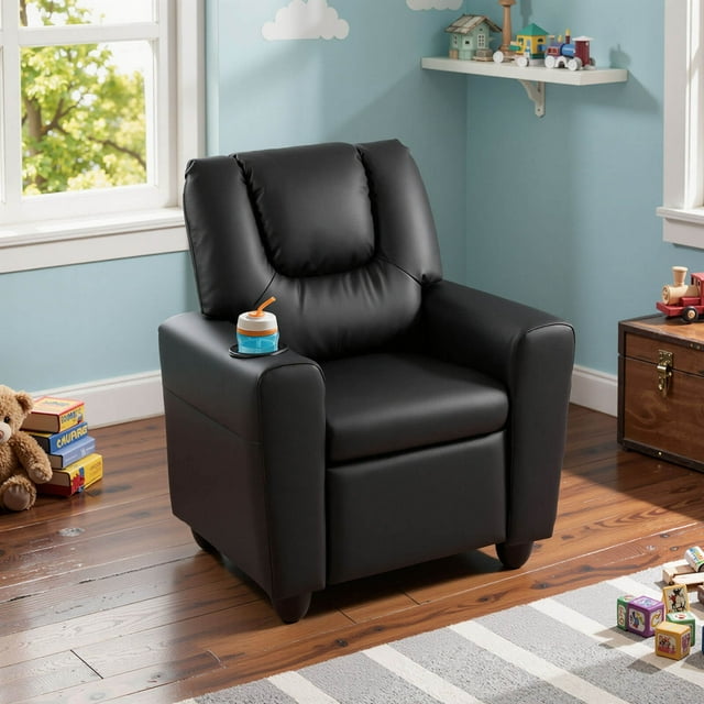 Costway Fauteuil Inclinable pour Enfants avec Porte-Gobelet et Poche Latérale Dossier et Repose-Pieds Réglables Noir