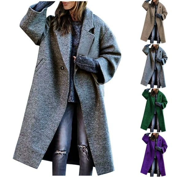 Lovskoo Womens Winter Coats Single Breasted Pea Coat Fall Straight Cardigan Button Pocket Coat Trench Coat Overcoat Purple