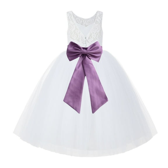 Ekidsbridal Girl Bridal Flower Girl Dress - V-Back White Lace Tutu with Tiebow 212noFT-A (Size: 2-10)