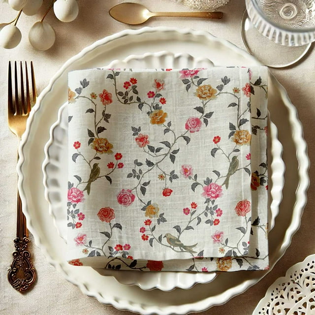 Vargottam White Floral Pattern Cotton Muslin Napkins - Set of 12, 20-Inch, Luxurious Soft Cloth Napkins for Dining & Events, Absorbent, Washable & Tableware