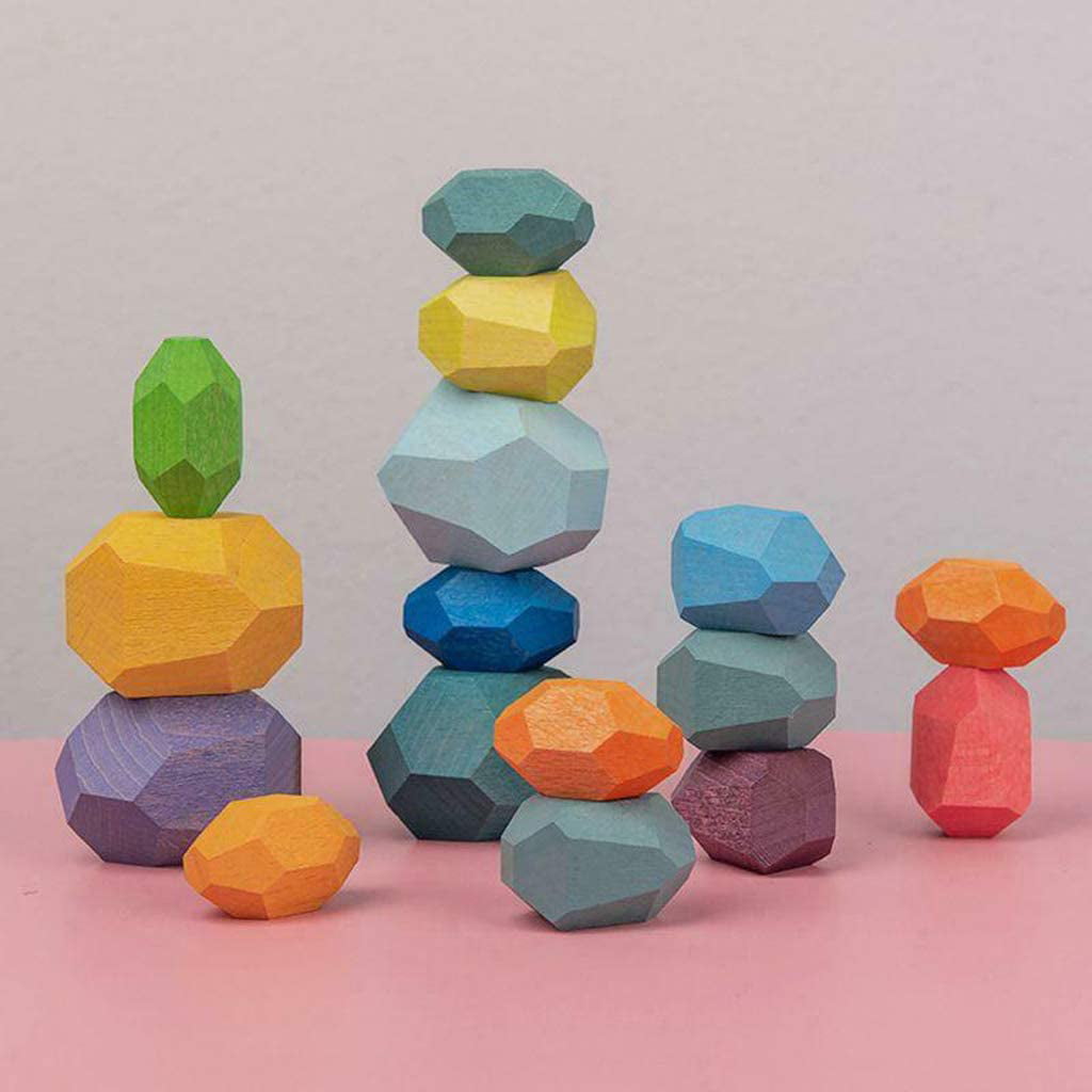 Smooth stone stack Wooden toy  Montessori Waldorf   Toy Natural Color Baby Building Blocks  boy play toys 16pcs Wood Balance toy Stones