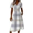 thumbnail image 5 of Minjewel Women's Plaid V-Neck Short Sleeve Gingham Shift Mini Dress - Summer Preppy Vacation Outfit, Loose Flowy Beach Party Dress, Comfy Casual Top,Light Gray,L, 5 of 6