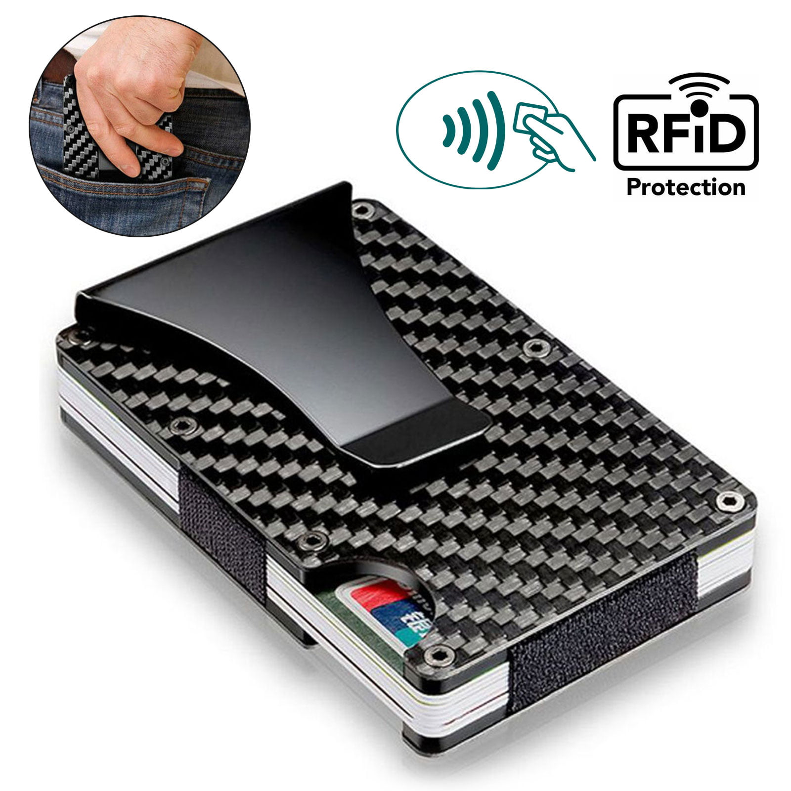 Details about   Slim Carbon Fiber Credit Card Holder RFID Blocking Metal Wallet Money Clip Purse 