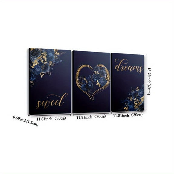 3 Pieces Blue and Gold Sweet Dream Frameless Canvas Painting, Luxury Wall Art, Living Room Decoration Bedroom Home Decor