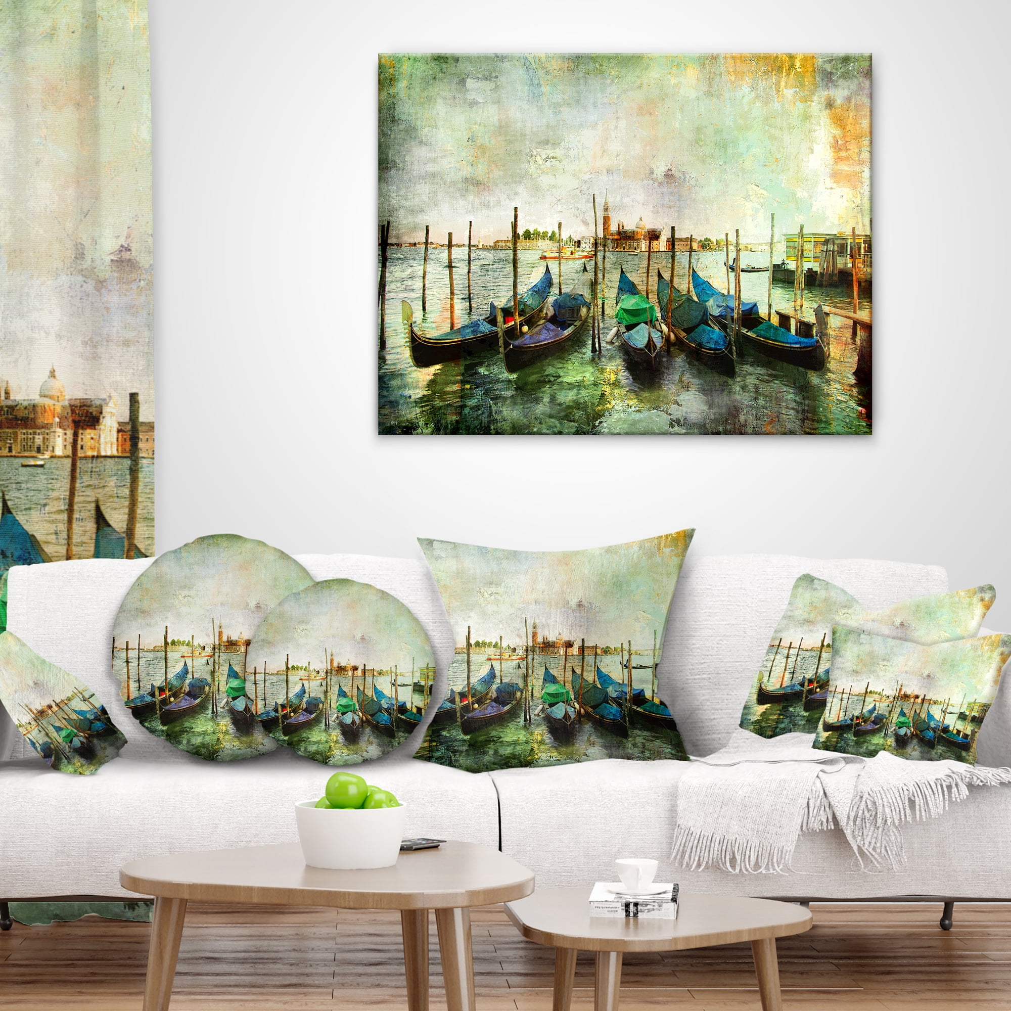 Designart Venetian Gondolas - Landscape Painting Throw Pillow - 18x18