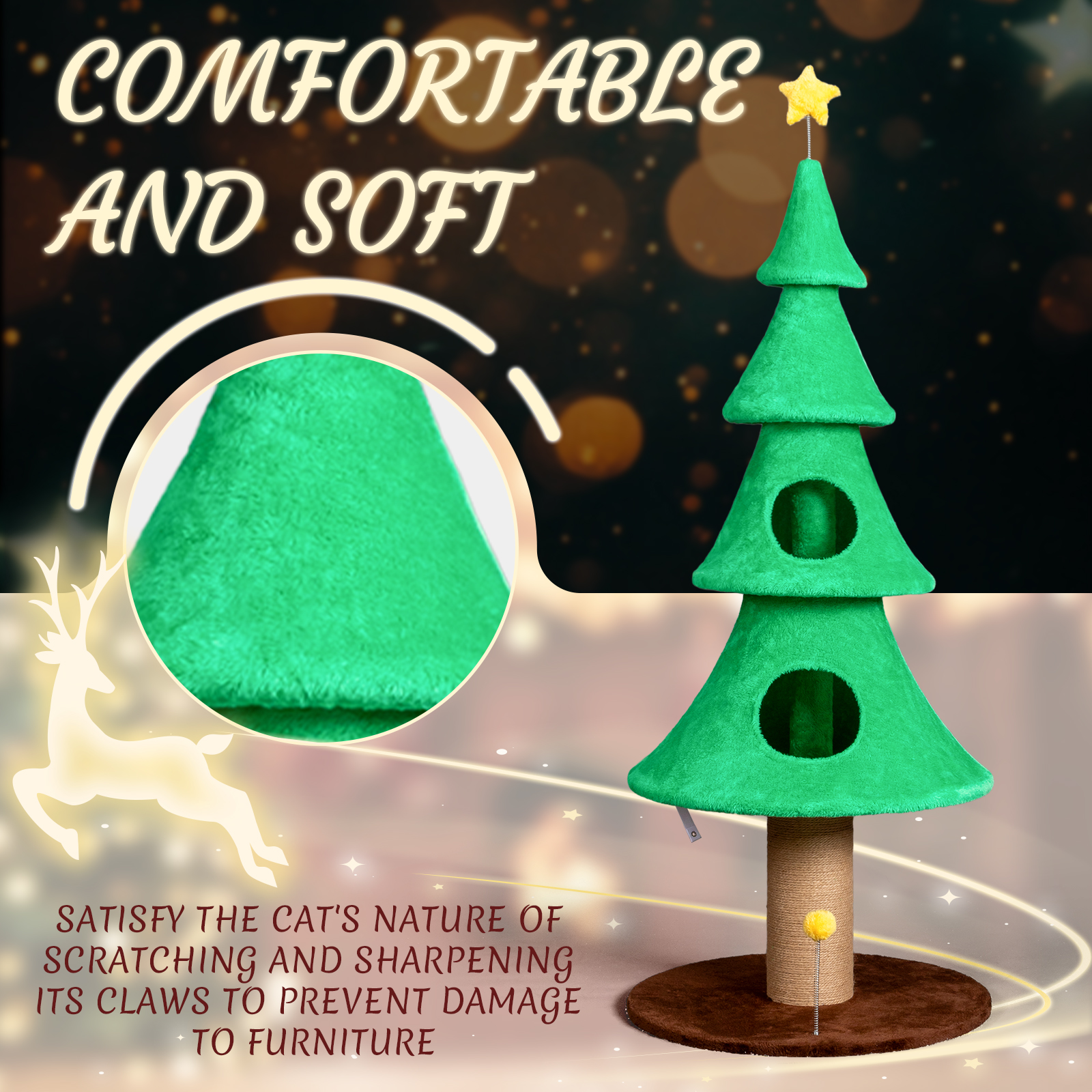 Ktaxon 59in Large Christmas Tree Cat Tower with 2 Condos, Scratching Post, Soft Fleece, Teaser Toy & Sturdy Base, Green