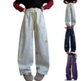 thumbnail image 4 of YunPes Girls' Cute Flowers Embroidered Trousers Oversized Wide Leg Pants Casual Drawstring Elastic Sweatpants for School Streetwear, 4 of 7