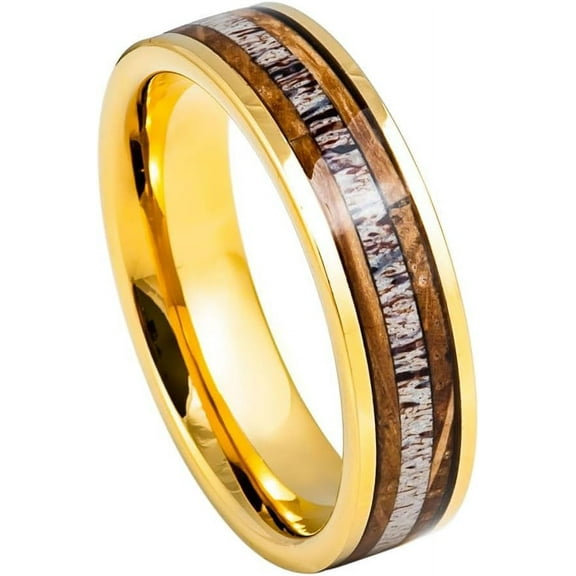 Ring for Men and Women Yellow Gold IP Plated Whiskey Barrel & Deer Antler Inlay – 6mm Wedding Band Ring Ideal Rings for Couples