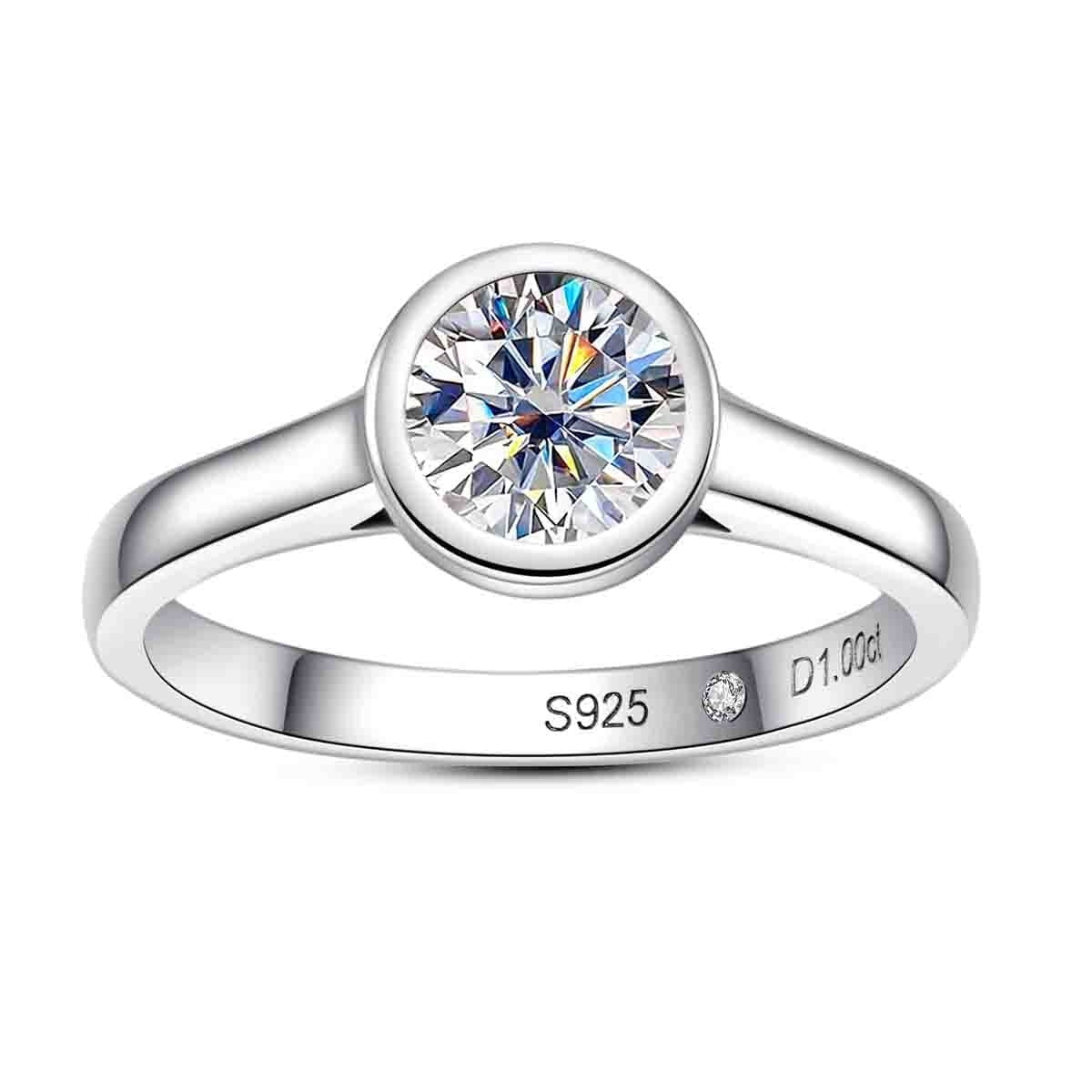 AnuClub Moissanite Engagement Rings, 1/2/3 CT Bezel Setting Round Solitaire Promise Rings in 14K White Gold Plated Sterling Silver, Anniversary Rings for Women