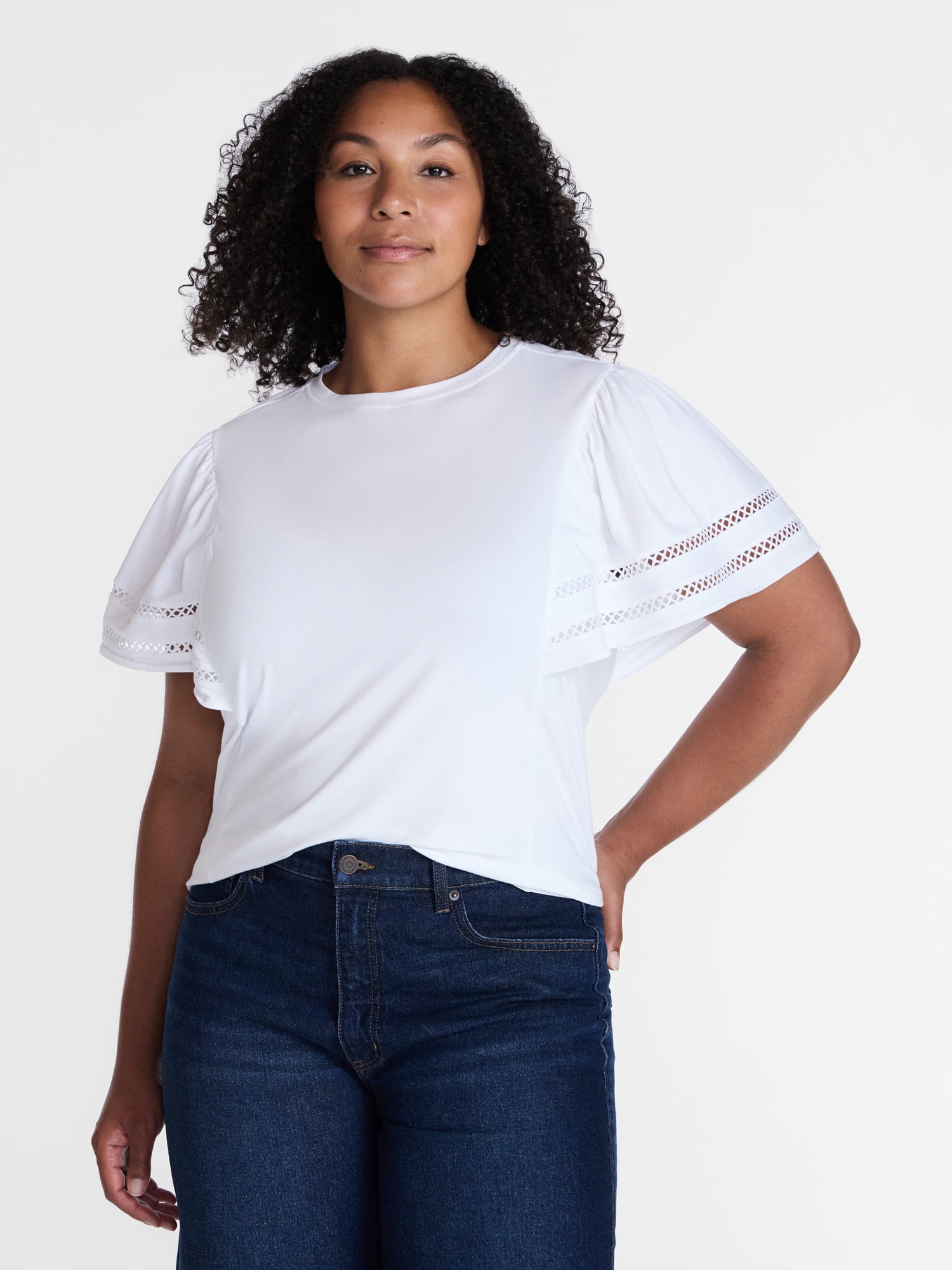 Time and Tru Women’s Crewneck Top with Lace Inset Flounce Sleeves, Sizes XS-XXXL