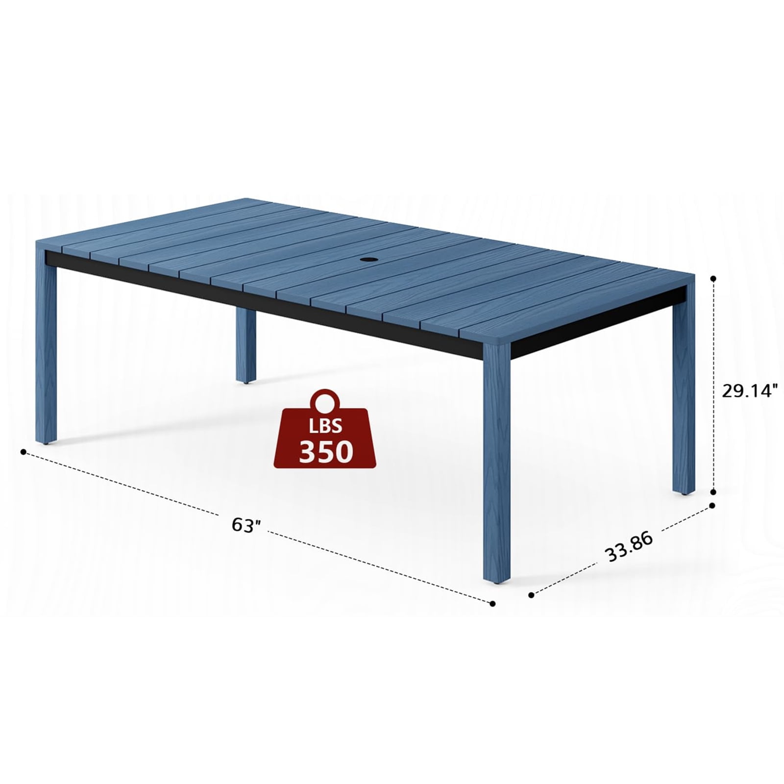 STOOG Patio Dining Table for 6 Person with Umbrella Hole, 63" All-Weather Outdoor Dining Table for Garden, Backyard, Poolside, Blue