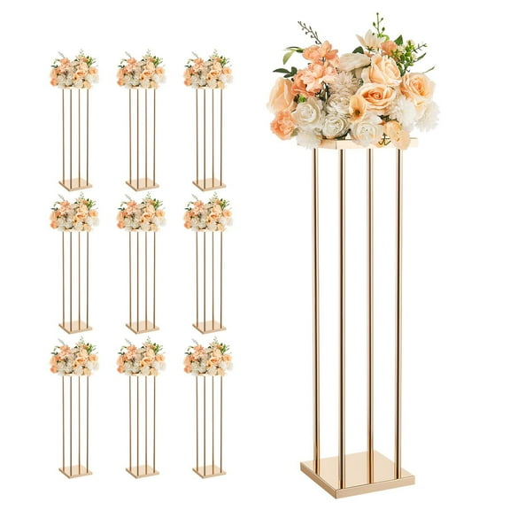 KFFKFF Set of 10 Decorative Flower Stands, 31.5-inch Tall Column Display Racks with Metal Laminate, Cylindrical and Cubic Design for Events, Celebrations, and Home Décor, Gold Centerpiece Stands