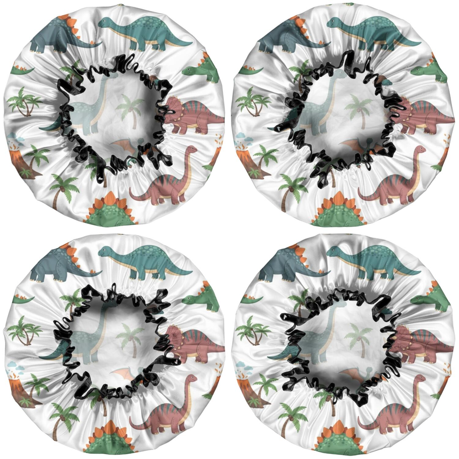 Shower Caps,White Cartoon Dinosaurs Volcanoes Pattern Waterproof Shower Cap for Women 4 Pieces,Double Reusable Hair Cover for Shower PEVA Elastic Stretch Hem