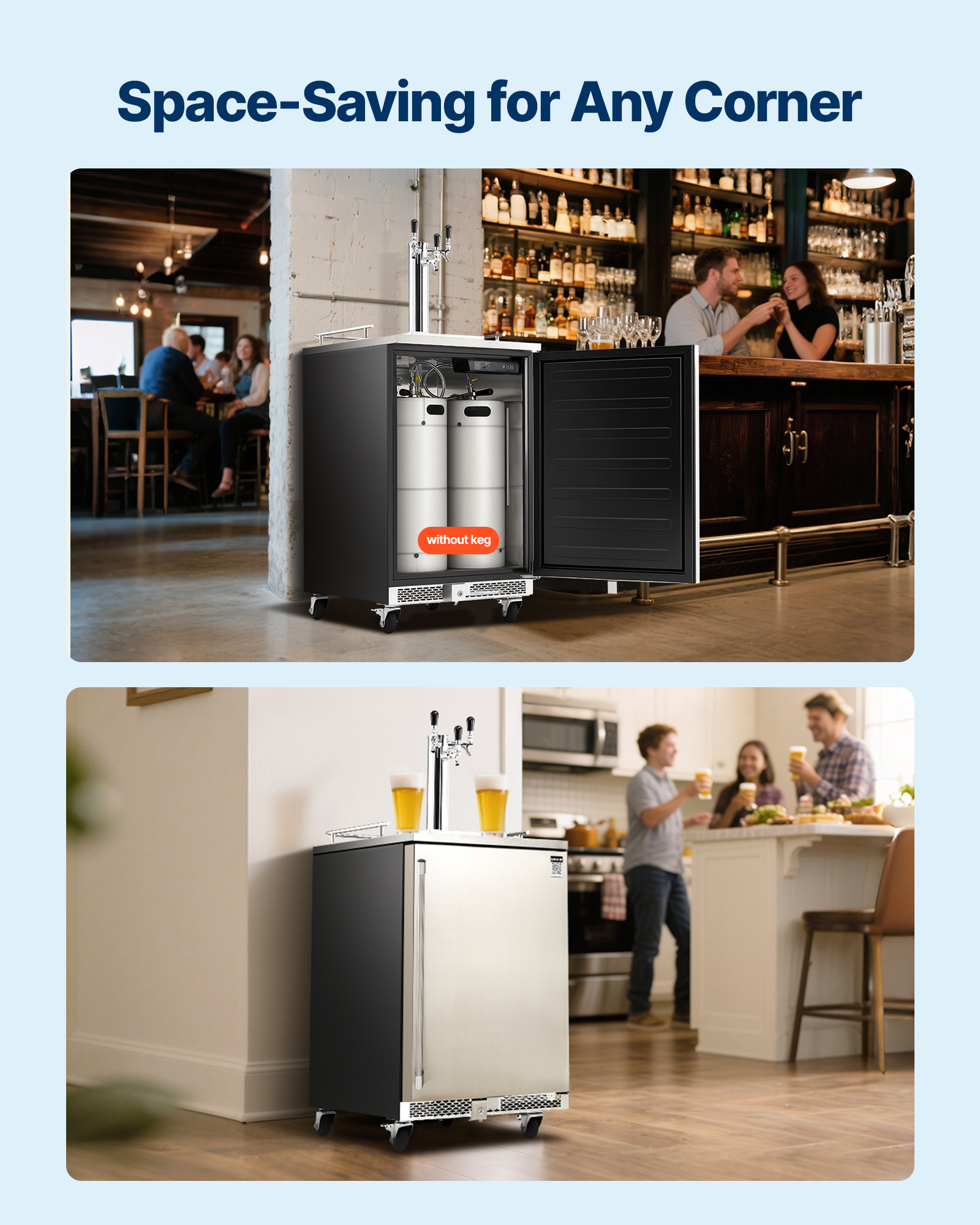 VEVOR Beer Kegerator, Triple Tap Commercial Draft Beer Dispenser for D system, Full Size Keg Refrigerator with 5lbs CO2 Tank, Hold 3 Sixth / 2 Slim / 3 Ball lock keg, 160L