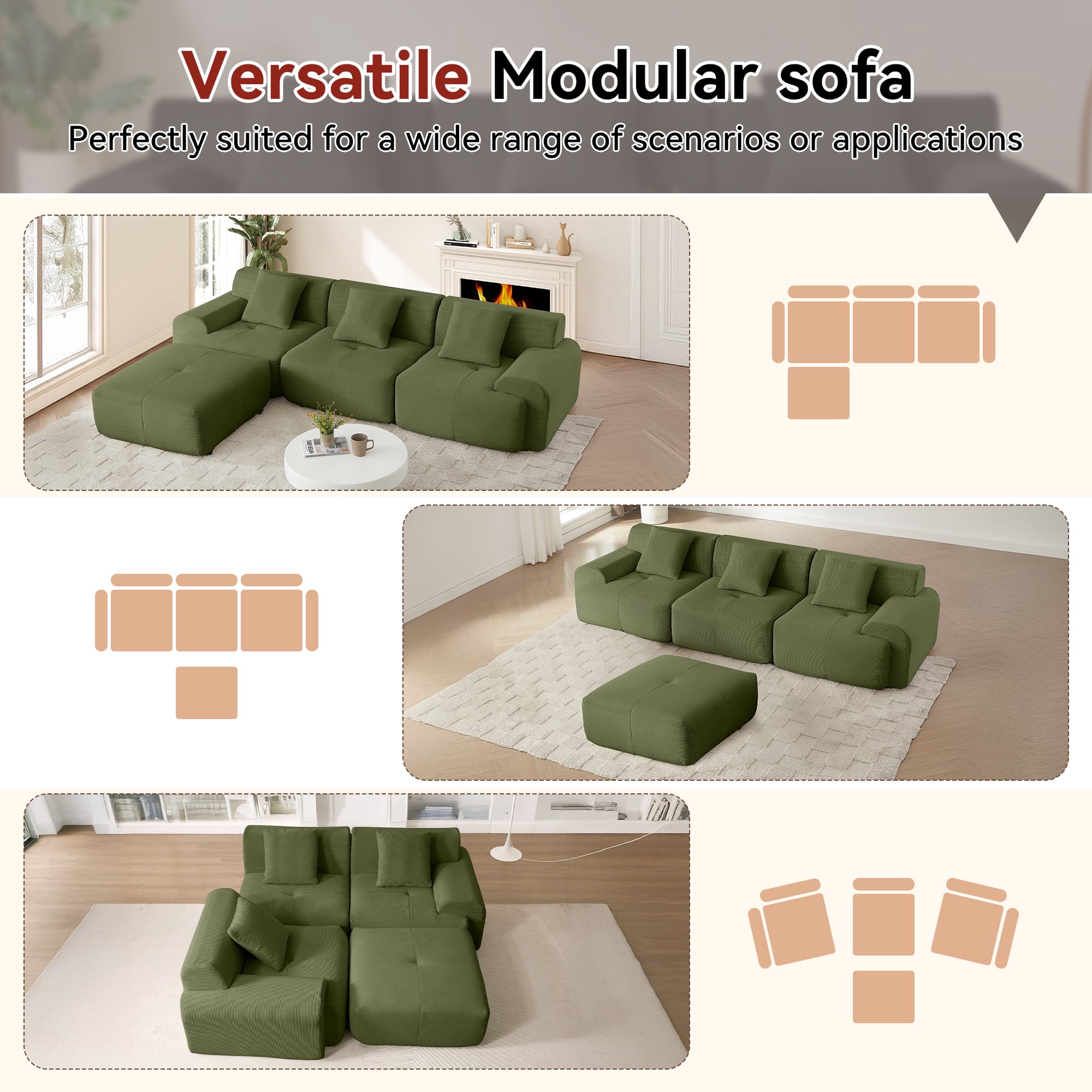Muumblus 113" L-Shaped Modular Sectional Sofa, Oversized Corduroy Cloud Couch for Living Room, Green