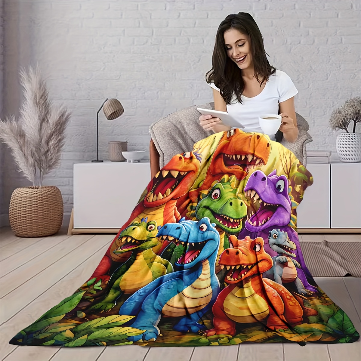 Soft & Cozy Cartoon Dinosaur Print Flannel Blanket - Vibrant, Warm, and Versatile for Office, Camping, Travel - Machine Washable, All-Season Gift, Perfect for Youngsters, Birthday, Party Favors, Surv