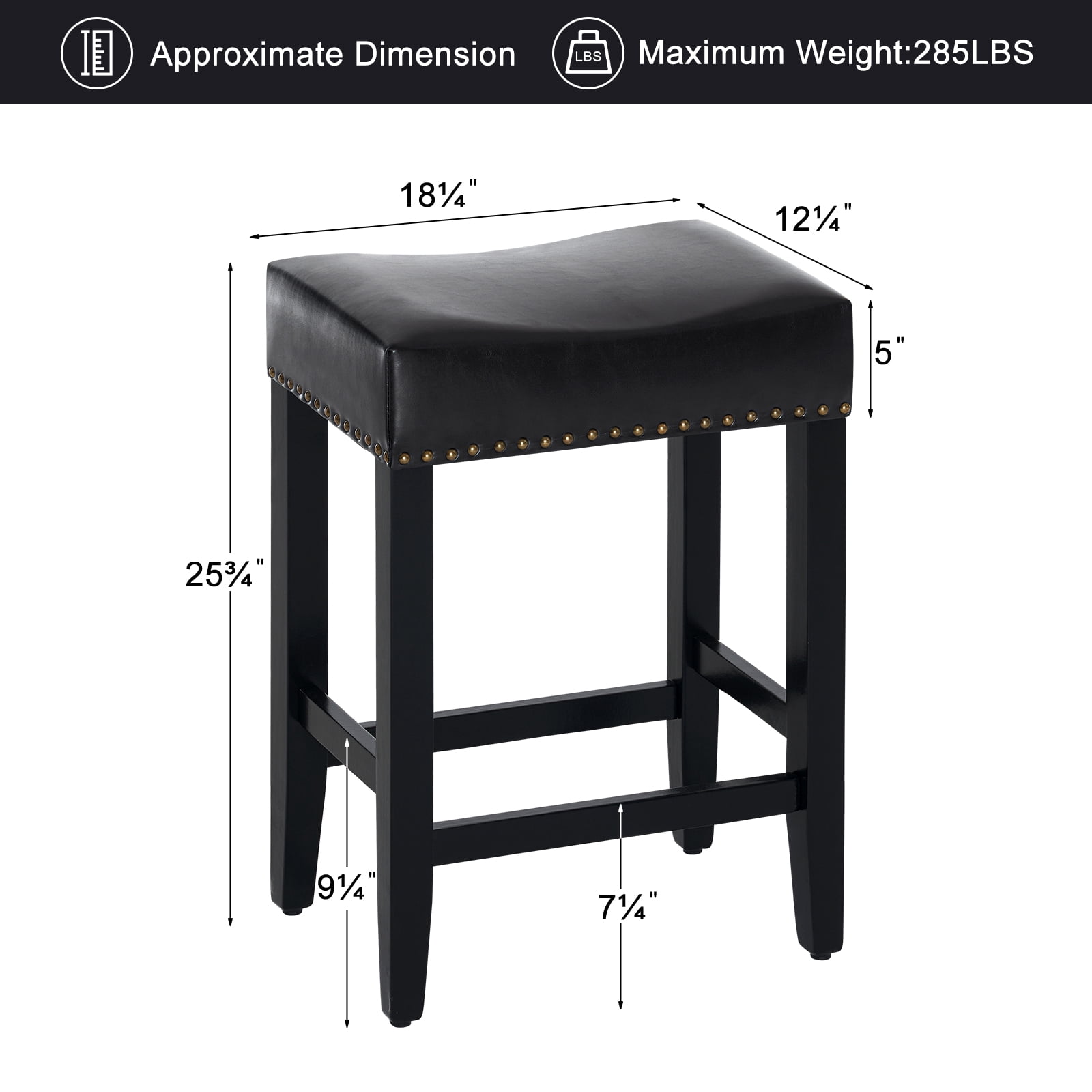 Furniliving 26" Backless Counter Stool Set of 4, Counter Height Bar Stools PU Saddle Stool, Black