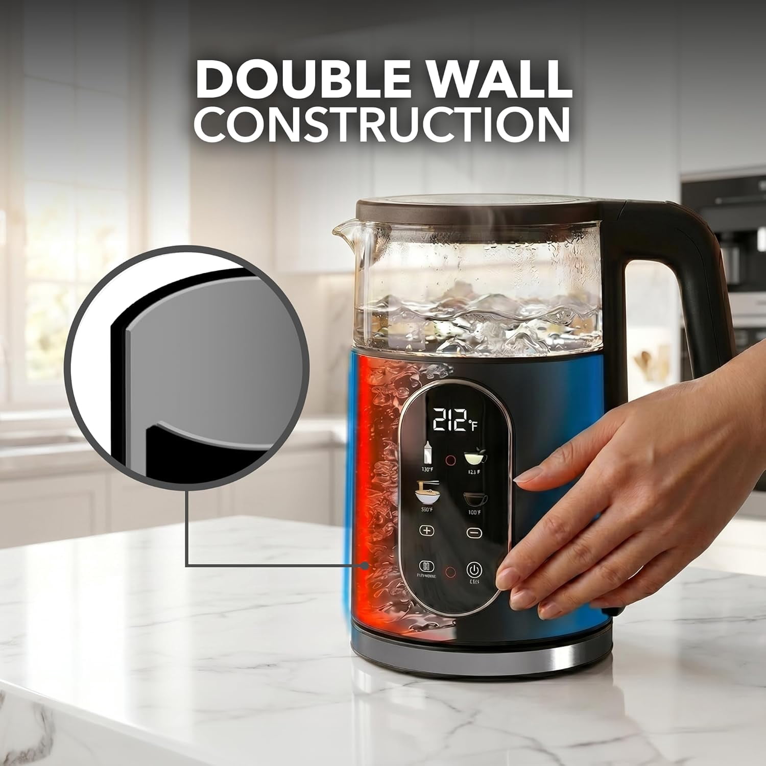 OVENTE Electric Kettle, 1.7L Fast Boiling Water Heater with Digital Touchscreen, Double-Wall Cool Touch Exterior, 5Hr Keep Warm, Auto-Shut Off, Boil-Dry Protection and Borosilicate Glass, Black KD96B