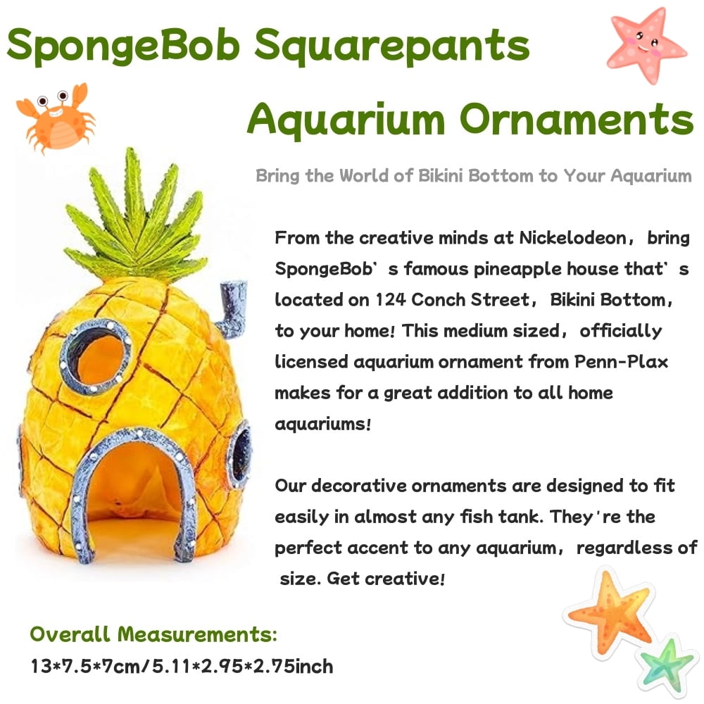 SpongeBob Aquarium Ornament 3-Piece Set, Mini Pineapple & Krusty Krab Decor with Squidward House, Resin Cave Hideouts for 5-20 Gallon Tanks