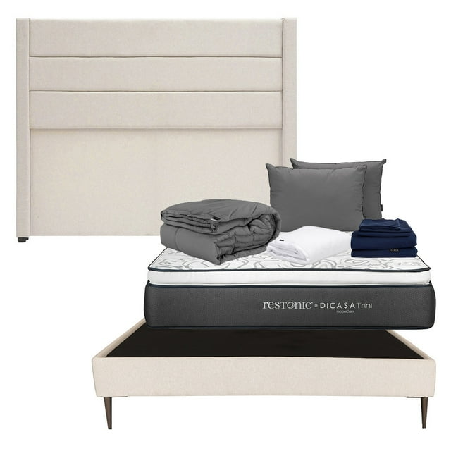 Colchón Restonic Queen Size Trini + Box Base Cama Slim + Cabecera Lugo Crema + Almohada 2Pack + Protector Cloud + Sabanas Softy + Edredon Homy