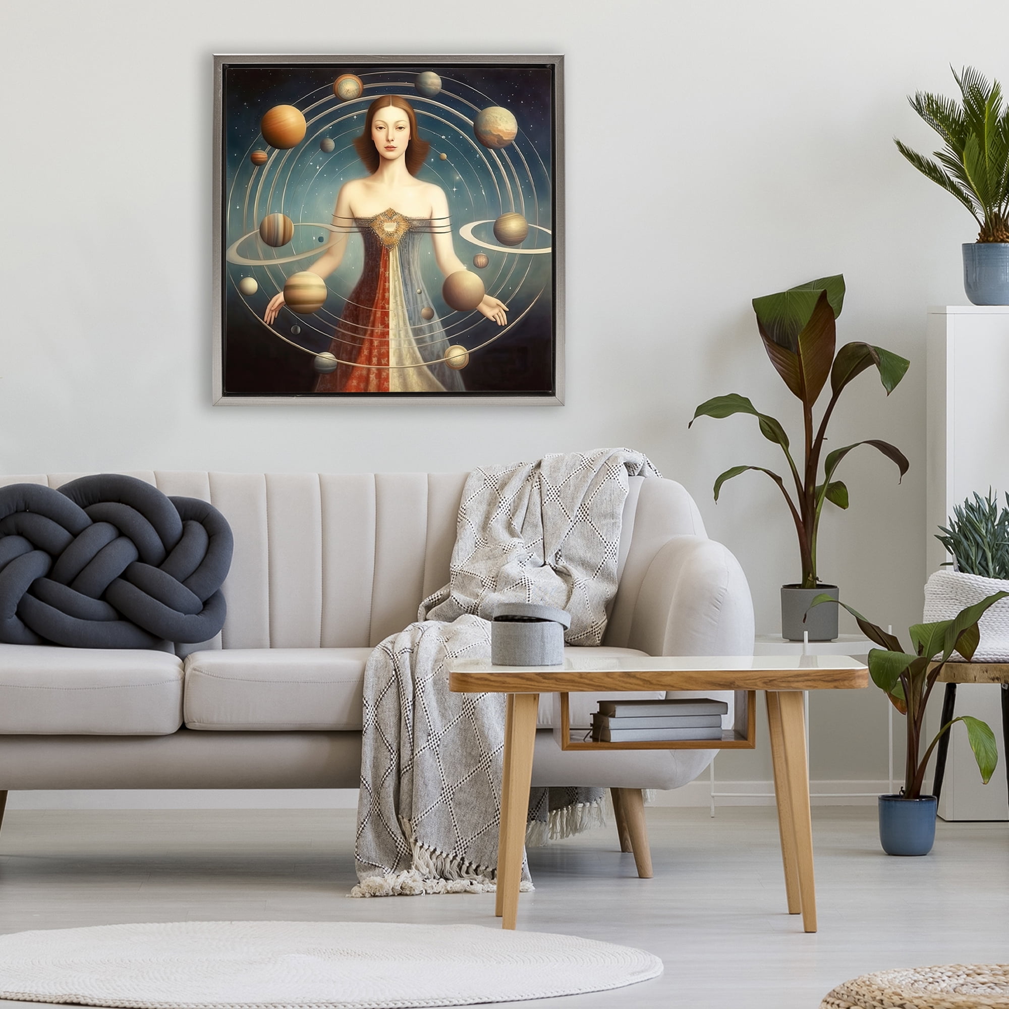 Galactic Orbits Woman Gray Framed Floater Canvas Wall Art, design by Sasha