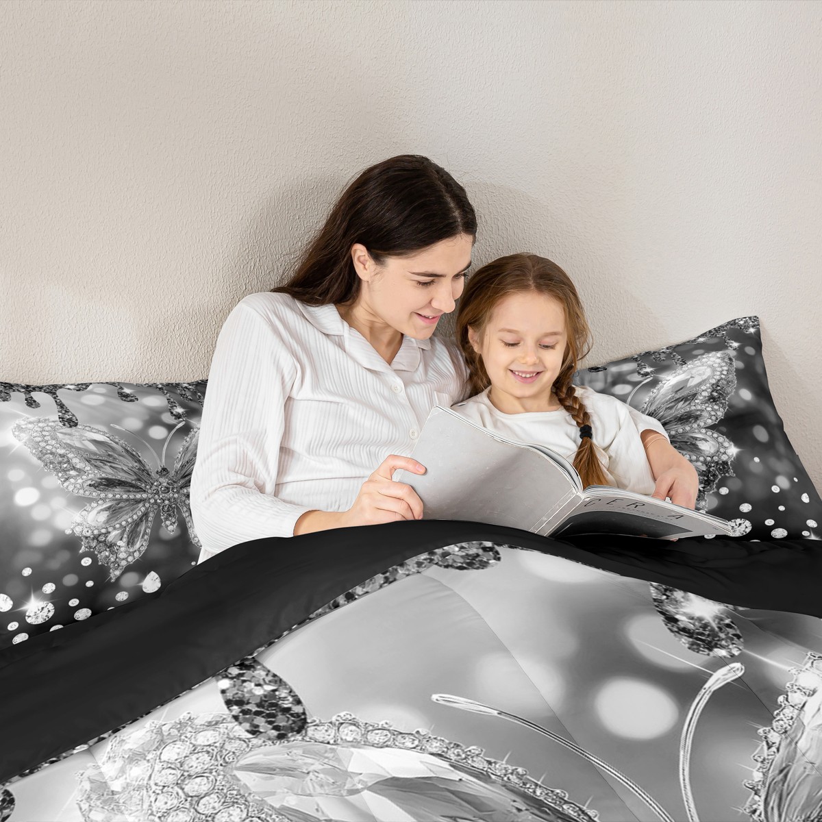 jejeloiu Cute Butterflies 7 Pieces Bedding Comforter Set,Chic Moth Full Bedding Set,Sliver Gray Diamond Fitted Sheet Flat Sheet For Girls,Ultra Soft Home Decor Reversible