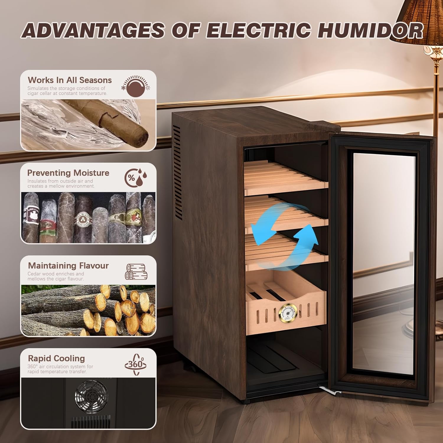 35L Dual-Zone Thermostatic Cabinet & Beverage Cooler - Cooling & Heating Electric Fridge with Wood Grain Finish, Built-in Hygrometer - Ideal Gift for Men, Wine, Cigar, and Skincare Storage