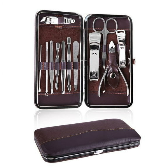 Manicure Set Professional Nail Clippers Kit 12Pcs Pedicure Care Tools Stainless Steel Women Grooming Kit for Travel or Home brown