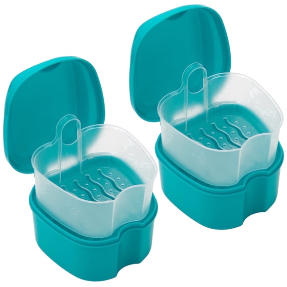 Plutput 2 Pack Denture Bath Case Box Cup Container with Basket Denture Holder for Travel and Cleaning(Green)