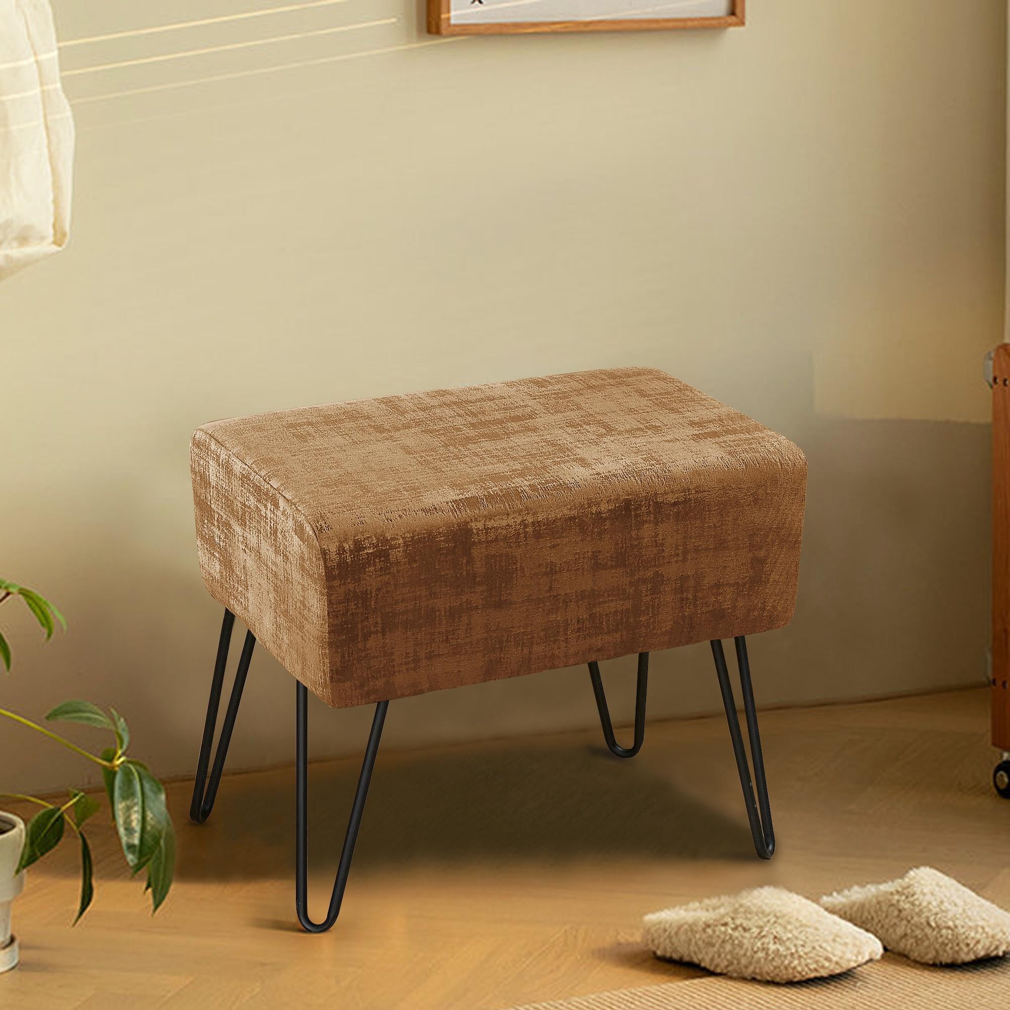 Home Soft Things Textured Velvet Ottoman Stool Chair, Upholstered Footrest with Black Metal Legs, Tobacco Brown, 19" x 13" x 17"
