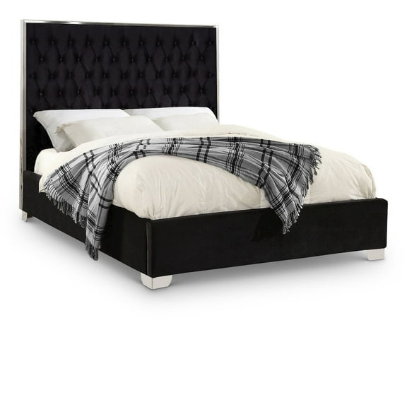 Meridian Furniture Lexi Contemporary Velvet Upholstered Platform Bed with Chrome Legs, Black