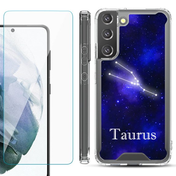 Shockproof Bumper Phone Case for Samsung Galaxy S22 5G, with Tempered Glass Screen Protector, by OneToughShield ® - Zodiac / Taurus