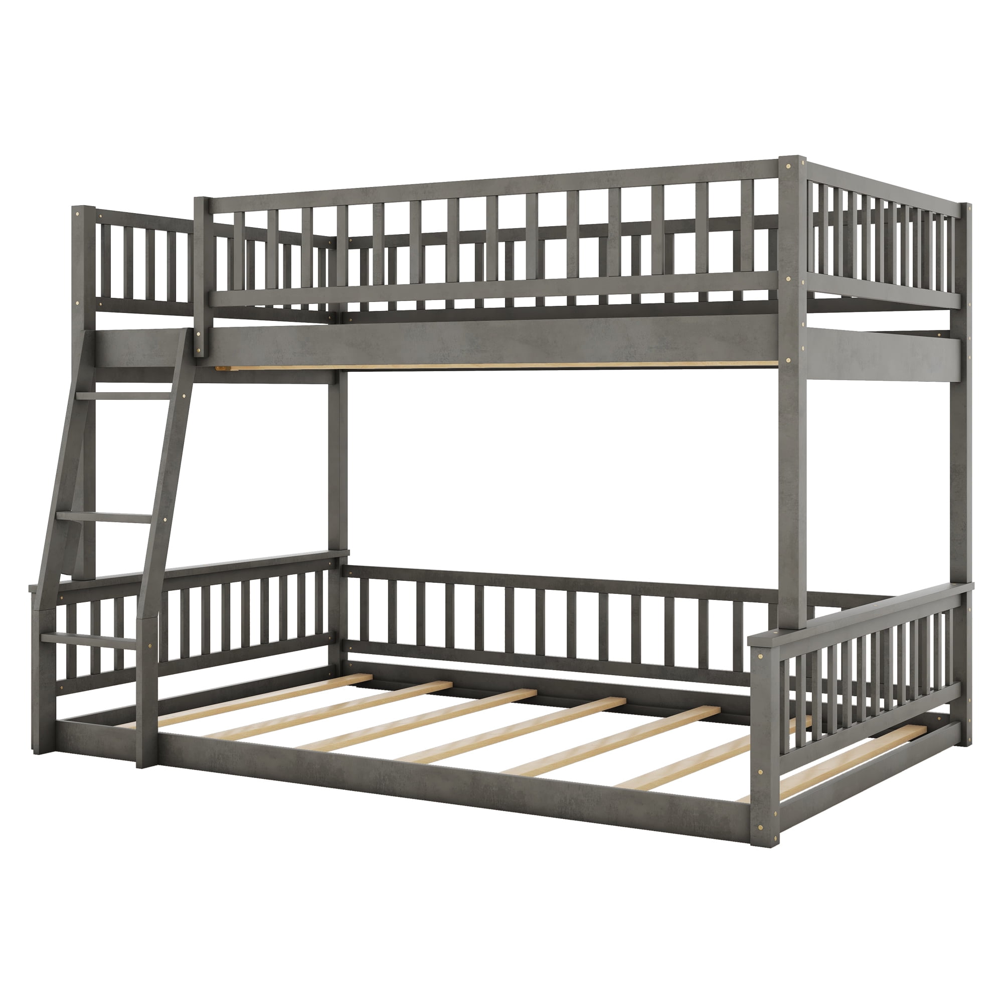 Full XL Over Queen Bunk Bed for Kids Adults, Queen Size Floor Bunk Beds with Inclined Ladder, Solid Wood Low Bunk Bed,Detachable Bunk Beds for Teens,Girls,Boys