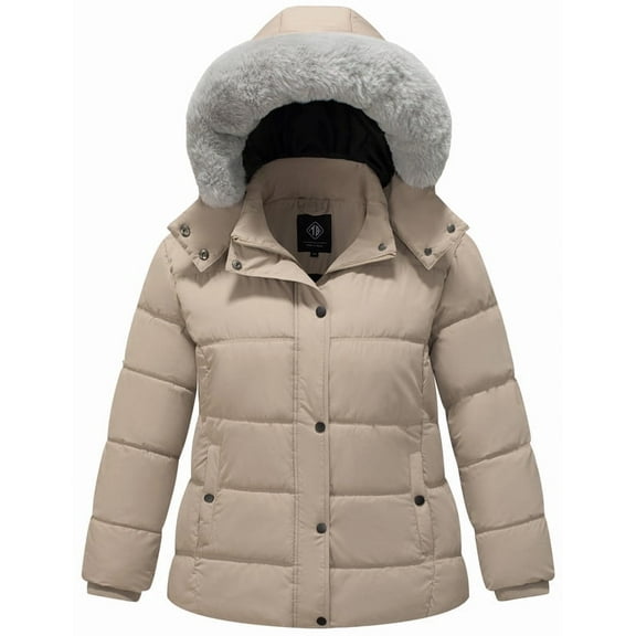 KVE Women's Plus Size Hooded Warm Winter Coat Quilted Thicken Puffer Jacket with Removable Hood khaki 1X