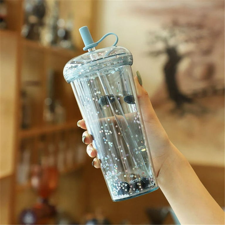 320ml Glitter Water Bottle Double Layer Tumbler With Straw Water