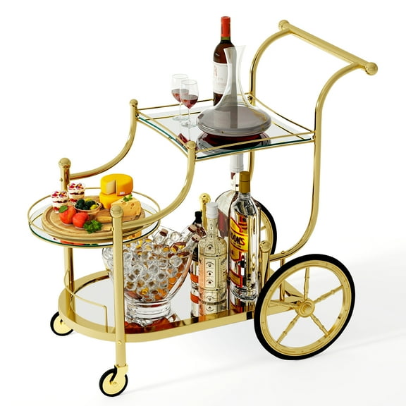Gymax 3-Tier Home Bar Serving Cart on Wheels w/ Mirrored Shelves for Kitchen