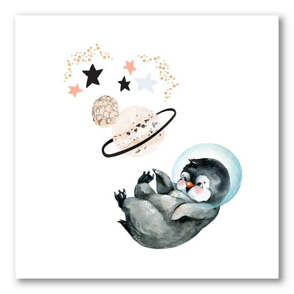 Little Penguin With Planets and Stars I 16 in x 16 in Painting Canvas Art Print, by Designart