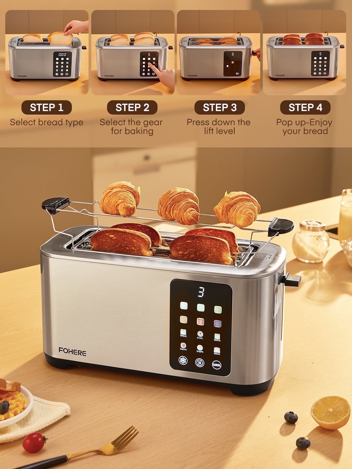 4 Slice Toaster Touch Screen Control, FOHERE Long Extra Wide Slots, 6 Bread Types & Shade Settings