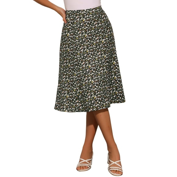 INSPIRE CHIC Women's Midi Skirts Peasant Elastic Waist A-Line Ditsy Floral Skirts M Black Flower