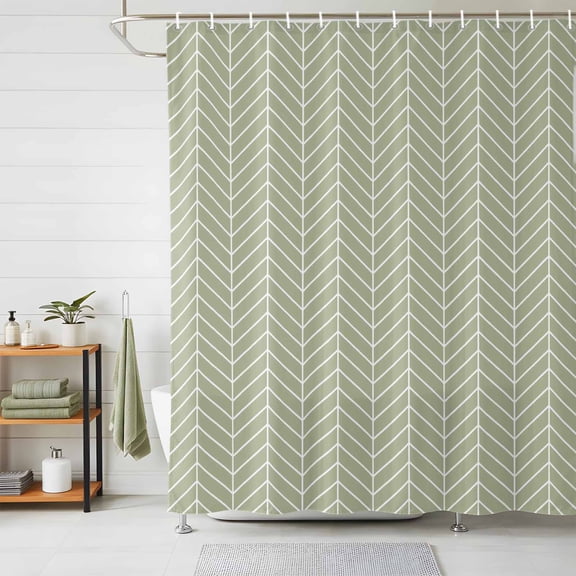 Shower Curtain Waterproof for Bathroom 72x72 Inch, Sage Green Chevron Stripes Bath Curtain for Bath Stalls and Tub Modern Geometric Texture Decorative Shower Curtains with Hooks