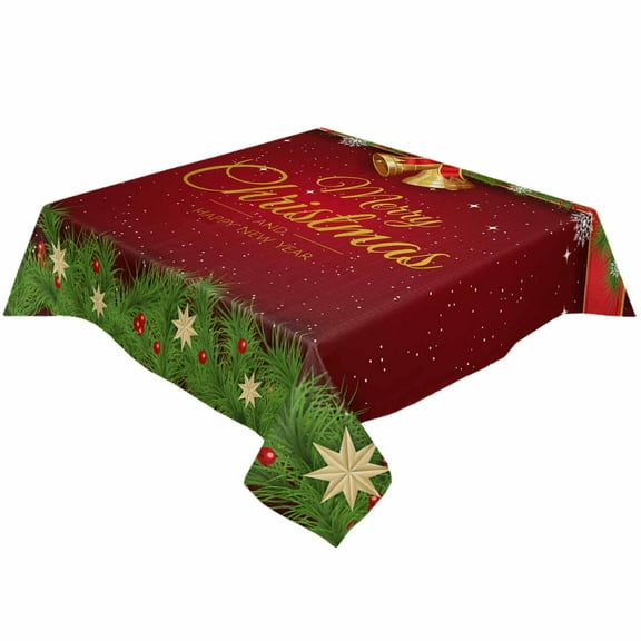 Christmas Square/Round Tablecloths 52x52,Winter Snowflakes Bell Balls Pine Branches Table Cloth Table Cover Indoor/Outdoor Tabletop Decor for Wedding Holiday Party Dinner Baby Shower