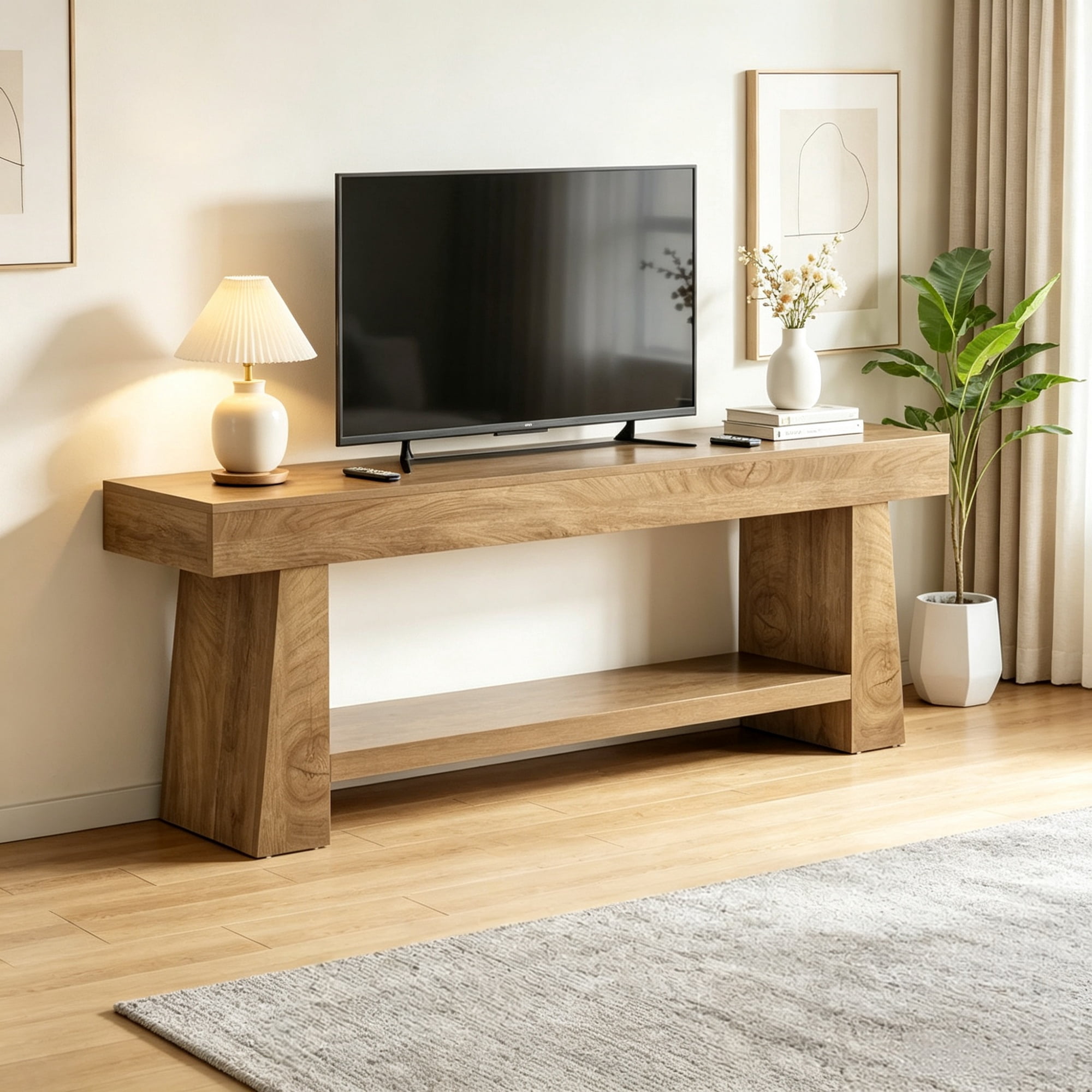 63 Inch Farmhouse TV Stand, Entertainment Center with 2 Tier Shelf for 55 to 75 Inch TVs